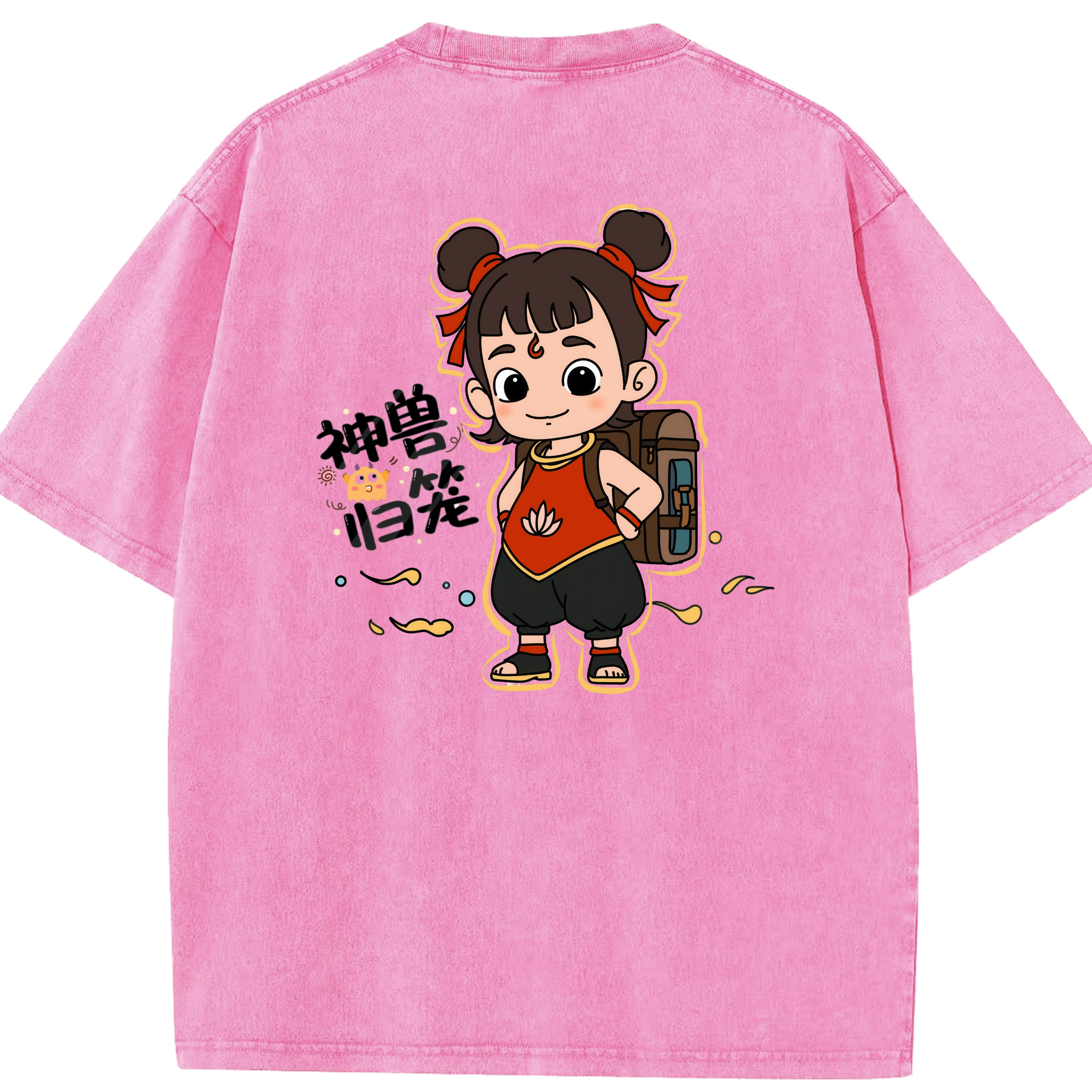 （画像用） Ne Zha 2 ナタ 魔童の大暴れ 綿100% ヴィンテージ風 半袖Tシャツ（背面プリント）